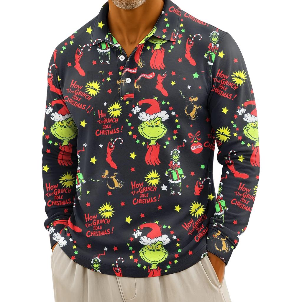 Men's Casual Christmas Print Button Long Sleeve Shirt