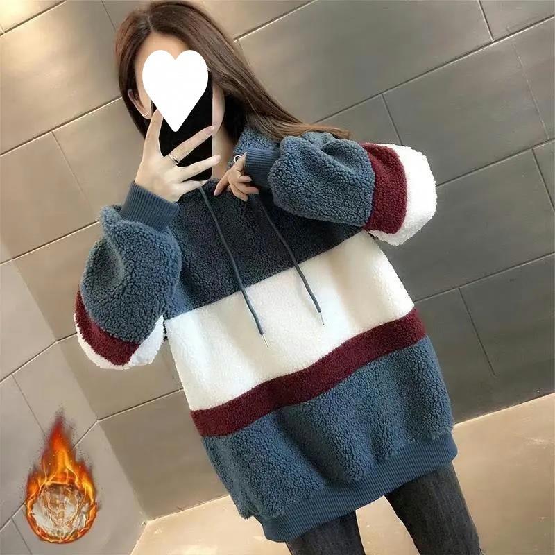 Lamb Wool Plus Velvet Sweatshirt Women's Autumn and Winter Loose Large Size Outer Wear Thickened Warm Hooded Top Jacket