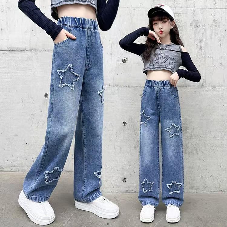 2-12 Anni Primavera Autunno Bambine Jeans Decorazione Stella Pentagramma Pantaloni Lunghi in Denim per Bambini Abbigliamento da Esterno per Bambini Pantaloni Dritti