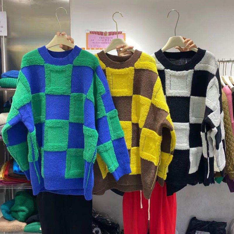 Autumn/Winter Sweater Color Contrast Thick Knitted Three Dimensional Plush Large Grid Lazy Style Sweater for Women