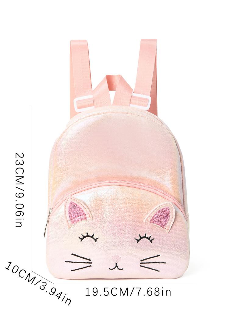 Kids Girl Cat Embroidery Double Pocket Backpack With Lightweight Polyester For School And Daily Use