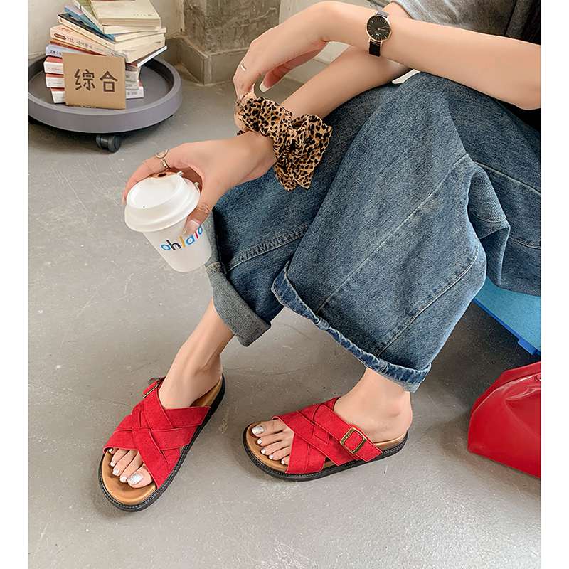 Krazing Pot Cow Suede Nubuck Summer Size 40 Outside Slippers Flat Platform Flip Flops Low Heels Women Peep Toe Sandals