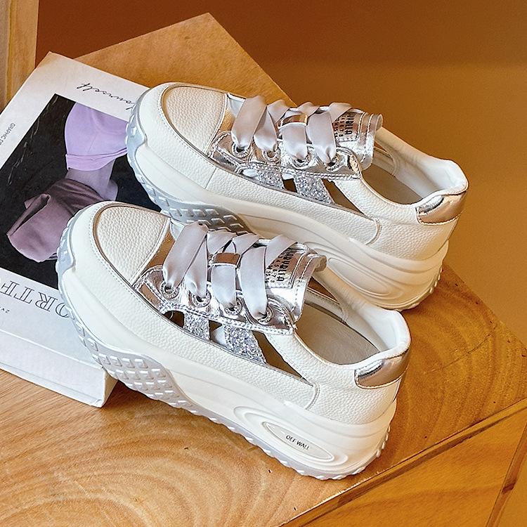 

Leather thick-soled hollow sandals spring and summer new versatile breathable casual dad height little white shoes women 35 серебряный