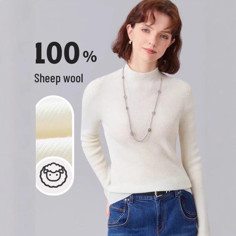 Women's Fine Wool Seamless Knit Shirt, Semi-High Neck Base Layer, Winter Inner Wear