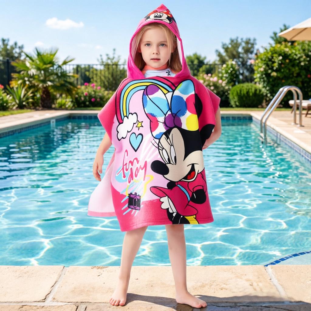 Ultra-Fine Fiber Cartoon Print Kids' Hooded Bath Towel Poncho