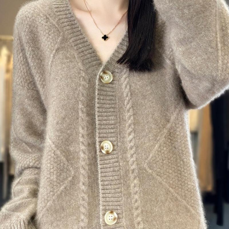 Mode Herfst Winter Effen Kleur Vest Lange Mouwen V-hals Enkele Rij Knopen Jacquard Gebreide Trui
