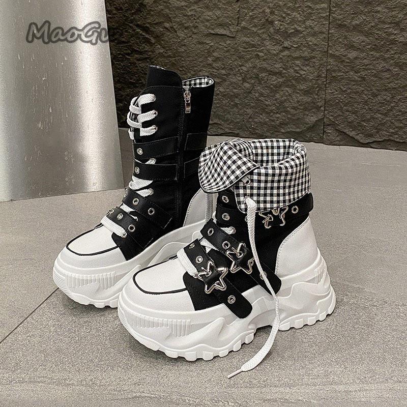 Thick Bottom Women's Platform Shoes Side Zip Star Buckle Straps Chunky Sole Motorcycle Boots for Women Fashion  De Mujer