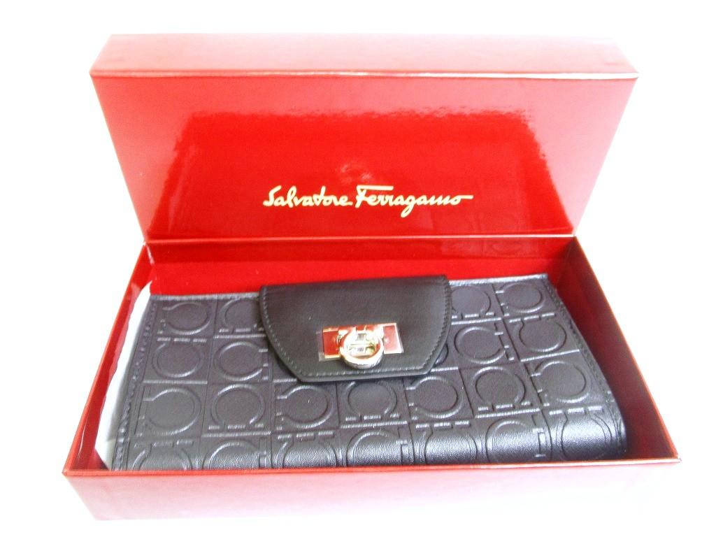 Authentic Salvatore Ferragamo Gancini Black Leather Flap Long Wallet #b127  Open box