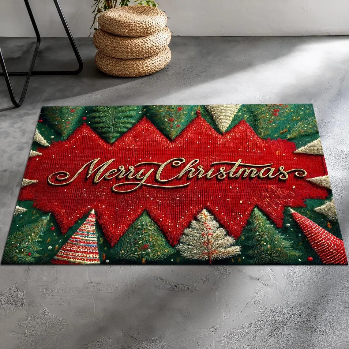 Christmas Carpet Mat Rug Red Green 3D Text with Santa Hat & Stockings Pattern Non-slip Home Decoration Bedroom Decor Carpet 40X60CM
