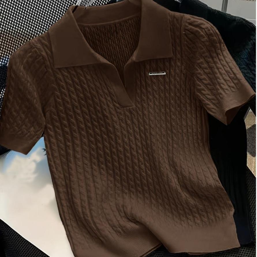 

Temperament Lapel Ice Silk Knit Top Летняя свободная тонкая футболка с короткими рукавами one size кофейный