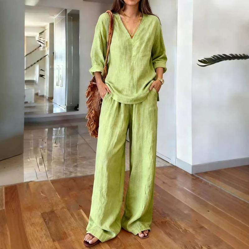 Women's Linen 2 Piece Outfit V Neck Blouse Wide Leg Pants Set