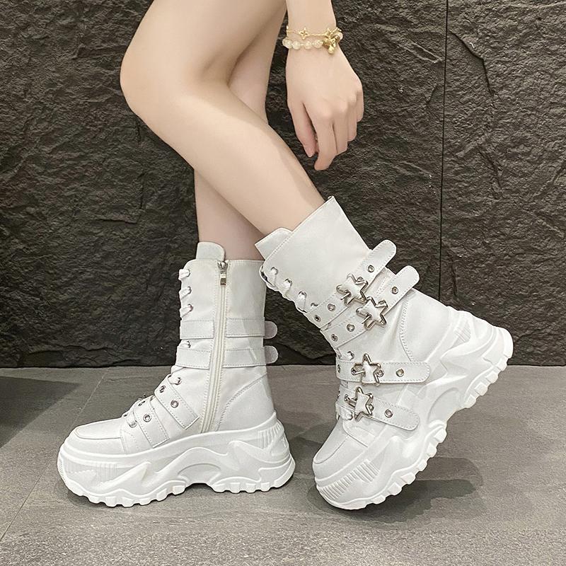 Single Boots Autumn New Round Toe Front Lace-Up Platform Non-Slip Mid-Tubular Boots