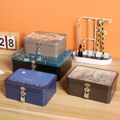 Hochwertige Vintage Blechdose mit großem Fassungsvermögen, mit Schloss und Schlüssel, Desktop-Aufbewahrungskoffer, Haushalts-Schmuckaufbewahrung, leere Metalldose