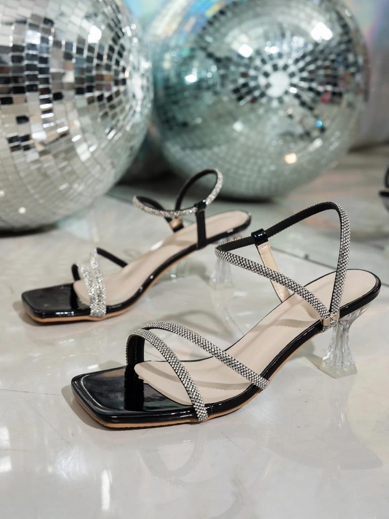 Damen Sommer Sexy Mode Zehenfrei Damen Slipper Sandalen mit Strass Glänzend Quadratisch Party Damen High Heels Große Größe