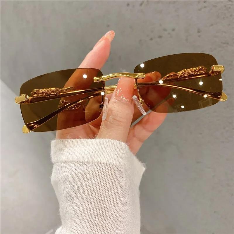 

Vintage Sunglasses Rimless Cut Edge Sunglasses Fashion Designer Shades Luxury Golden Leopard Frame Sunglasses UV400