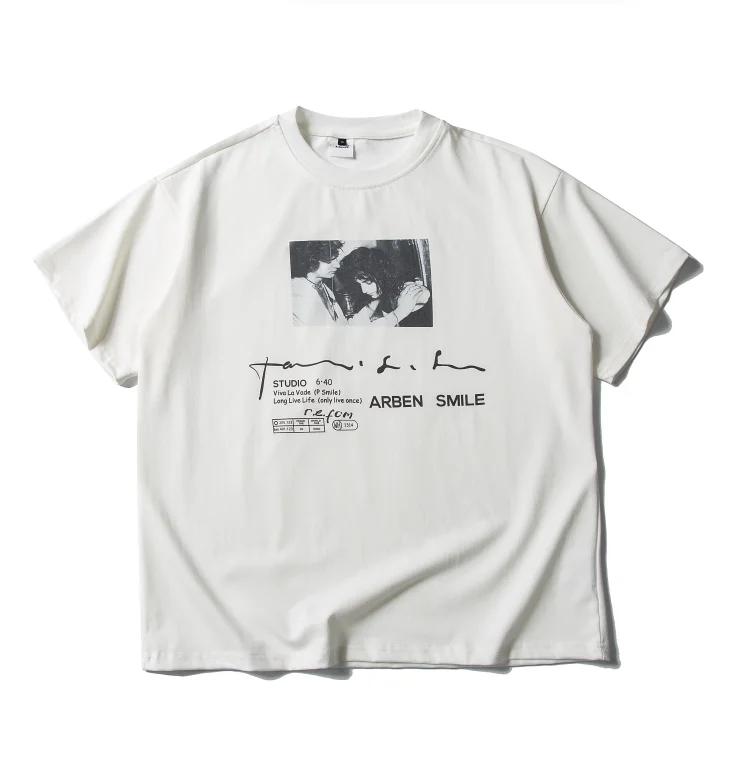 American Casual Loosefit Pure Cotton Shortsleeve Letter Character Print Roundneck Couple Fashion Trend Streetwear Unisex