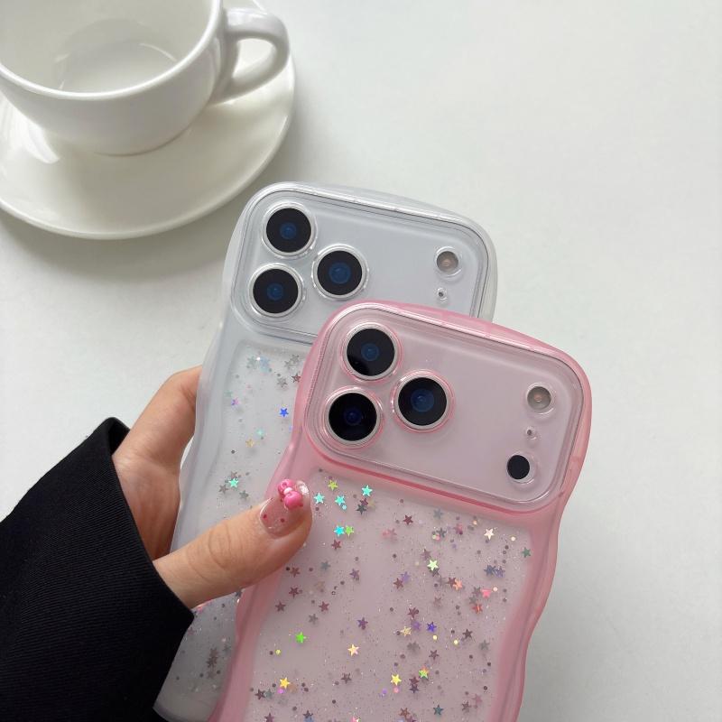 Glitter Star Sequins Wave Edge Clear Case For iPhone 17 Air 16 16E 15 14 13 12 11 Plus Pro Max Lens Protective Silicone Cover