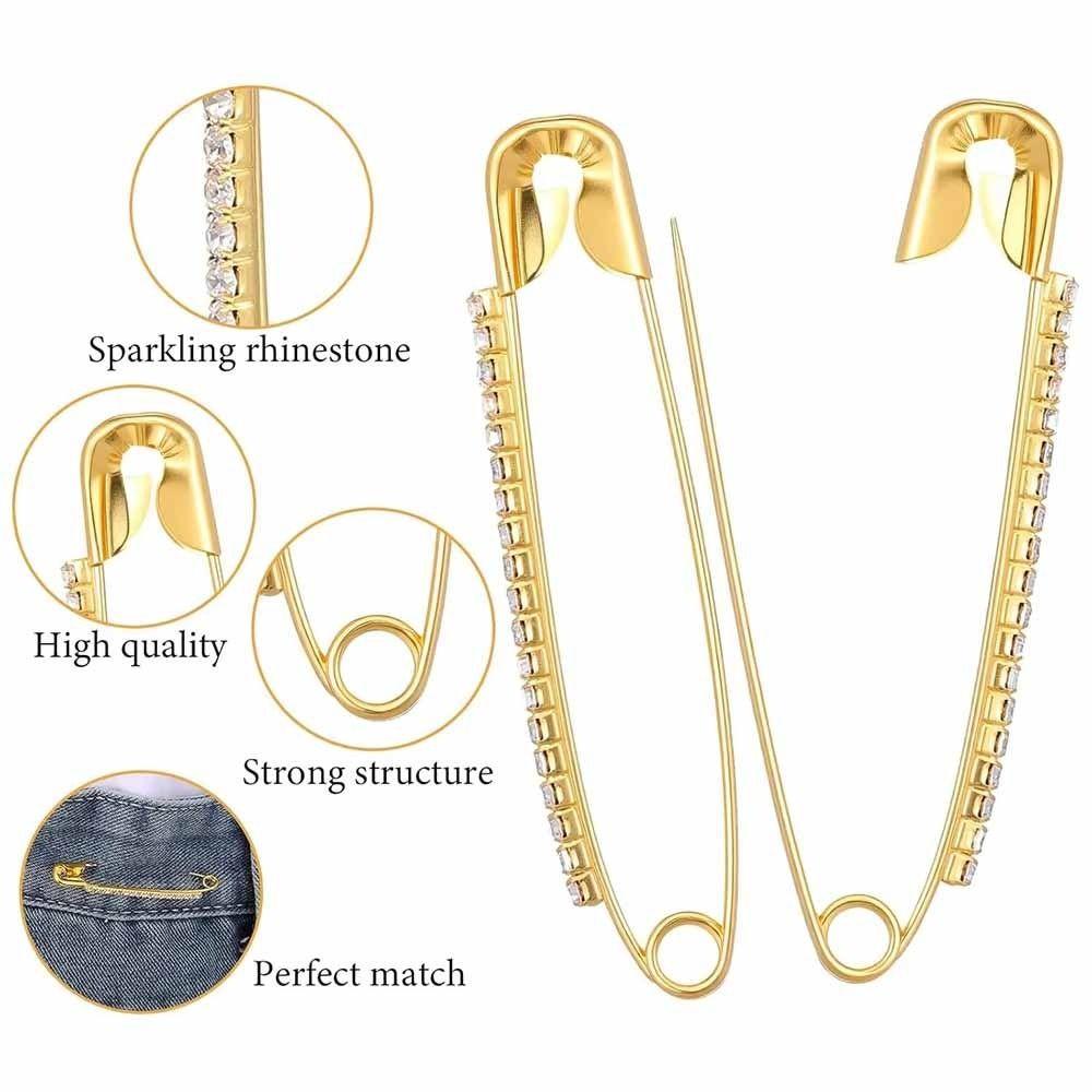 12PCS Shiny Pins Rhinestone Safety Pins Gold Rhinestone Large Brooches Pins Fancy Safety Pins  Women