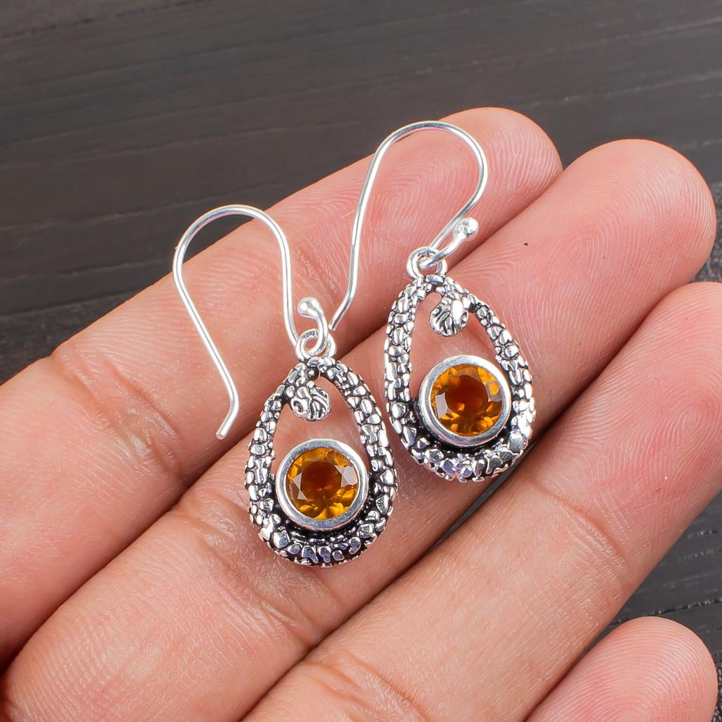 Natural Citrine Gemstone 925 Sterling Silver Jewelry Drop/Dangle Earrings 1.38" CE-3-9