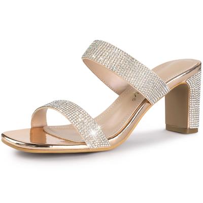 Allegra K Women's Sleek Rhinestone Mule Sandals with Square Toe and Chunky Heel, Rose Gold, Size 26.0cm