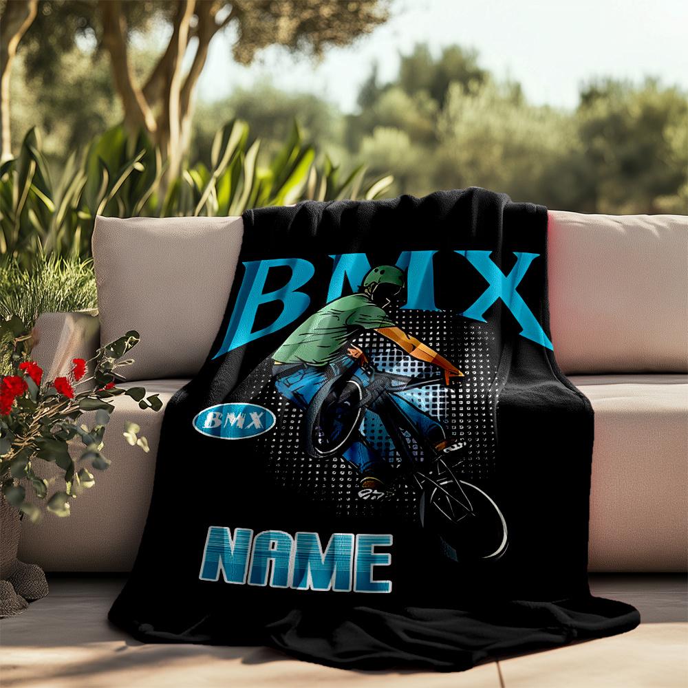 Bmx Rider Performing Extreme Tricks Personalized Outdoor Blanket Personalized Text Ultrasoft Great For Picnics Outdoor Travel And Camping Sofa Office
