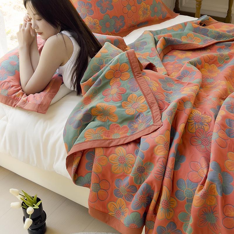 Class A Cotton Towel Blanket: 3-Layer Gauze, Yarn-Dyed Jacquard, 4-Seasons Bedspread, Air Conditioning Quilt, 3-Piece Set