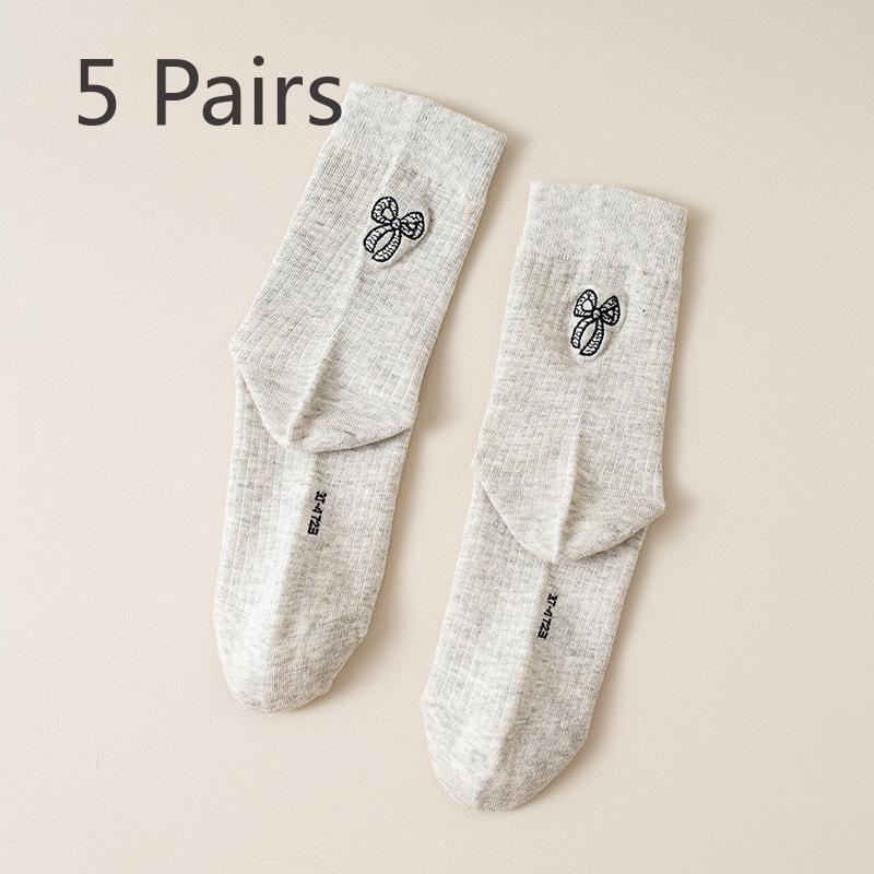 5 Pairs Socks Autumn Women's Cotton Mid Calf Ballet Style Cream Heel Embroidery Bow Anti Pilling Grey Stacked Socks