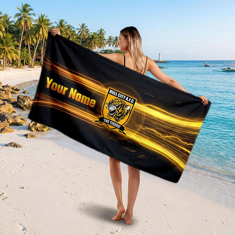 Hull City Individuelles Strandtuch, Personalisierter Namens-Textdruck, Fußball-Logo Weiches Schnelltrocknendes Handtuch Urlaubsgeschenk