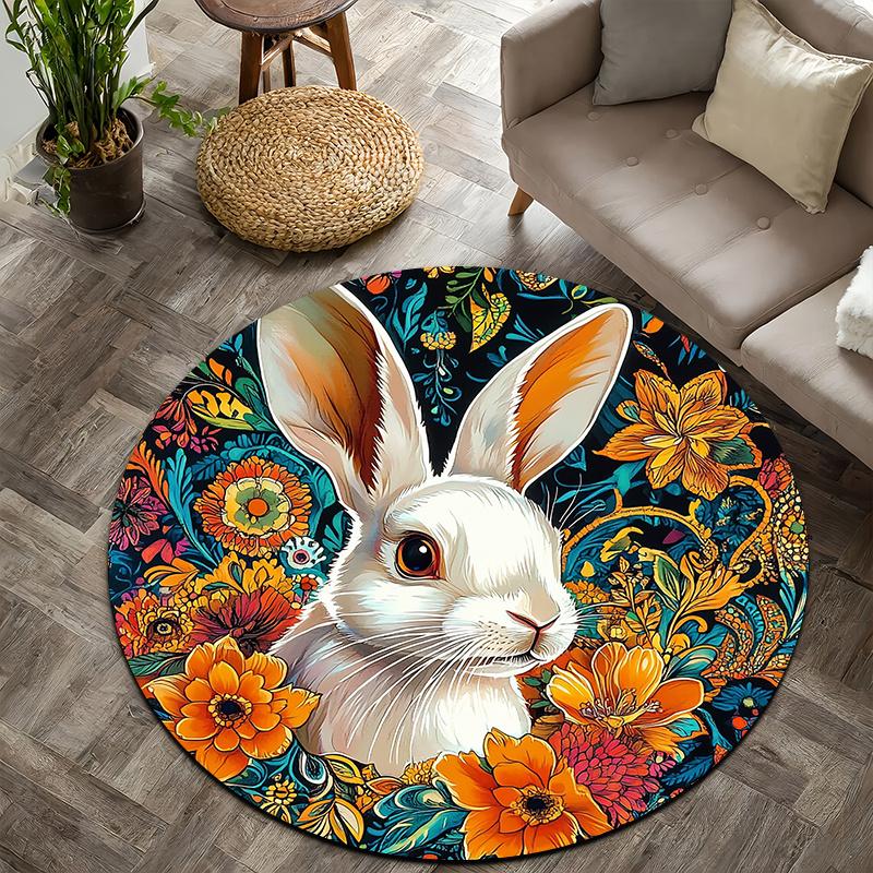 Rabbit floral style Flannel-printed round floor mats are slip-resistant Suitable for living room bedroom terrace garden carpets