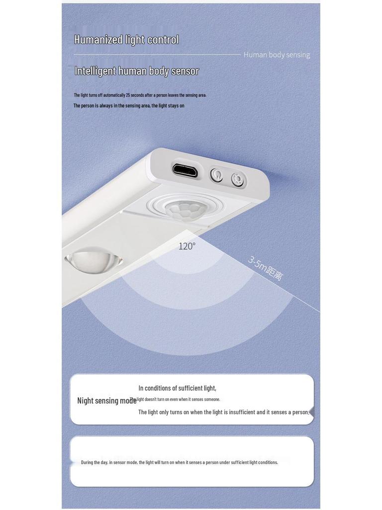 Ultra-Thin Rechargeable Smart LED Motion Sensor Strip for Wardrobes and Cabinets