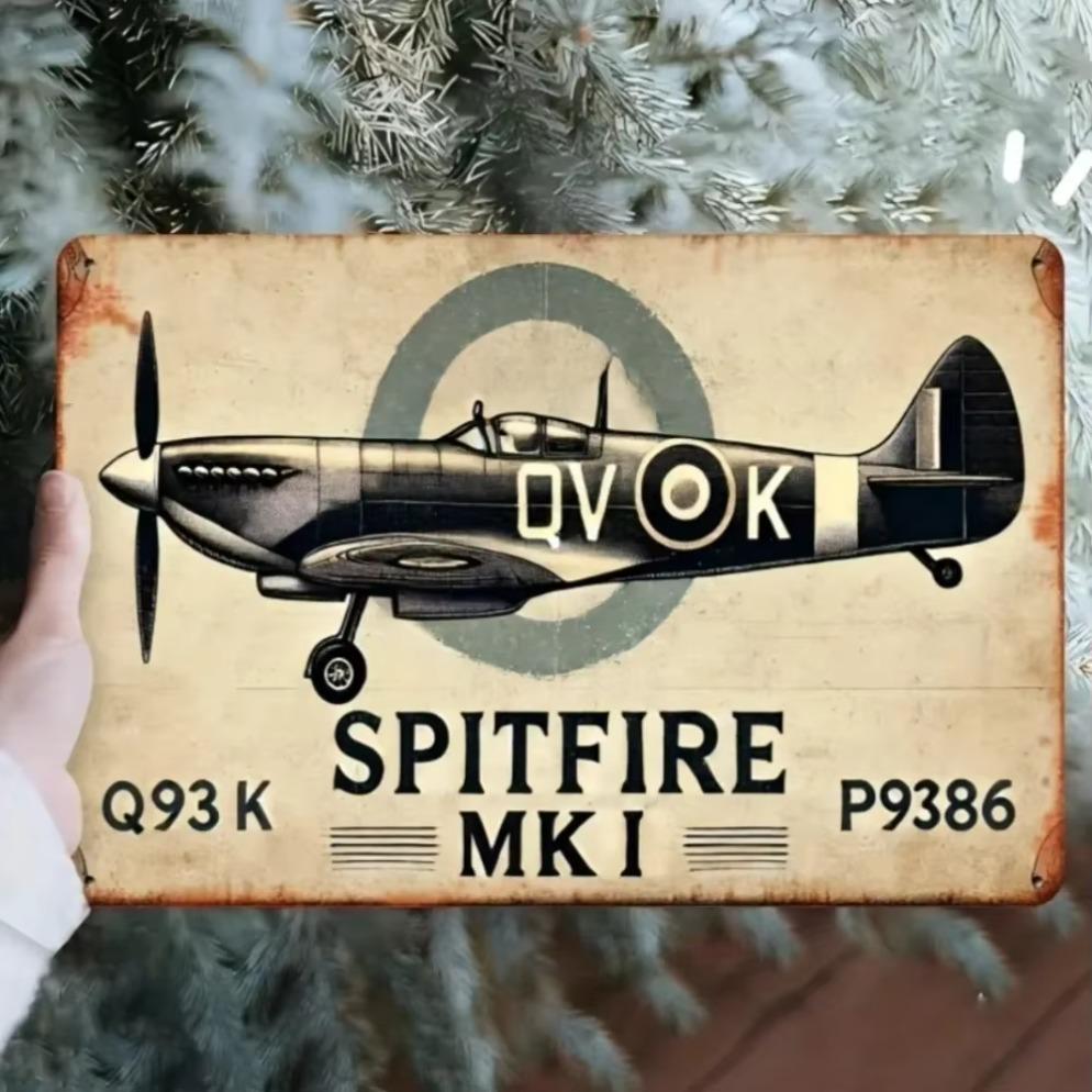 2D Spitfire P93K MKI Tin Sign–1940s Battle of Britain Relic with Camo Designfor Aviation Garages,Nautical Bathrooms Warbird Bars