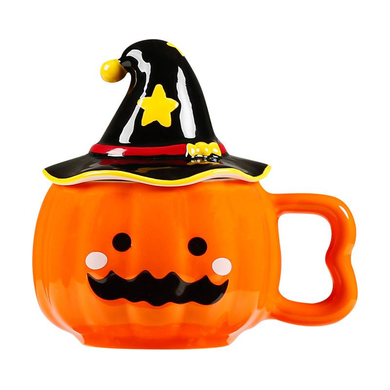 European Ceramic Pumpkin Funny Water Cup with Lid Creative Coffee Cup Home Breakfast Milk Mug Cartoon Ceramic Mug Halloween Gift