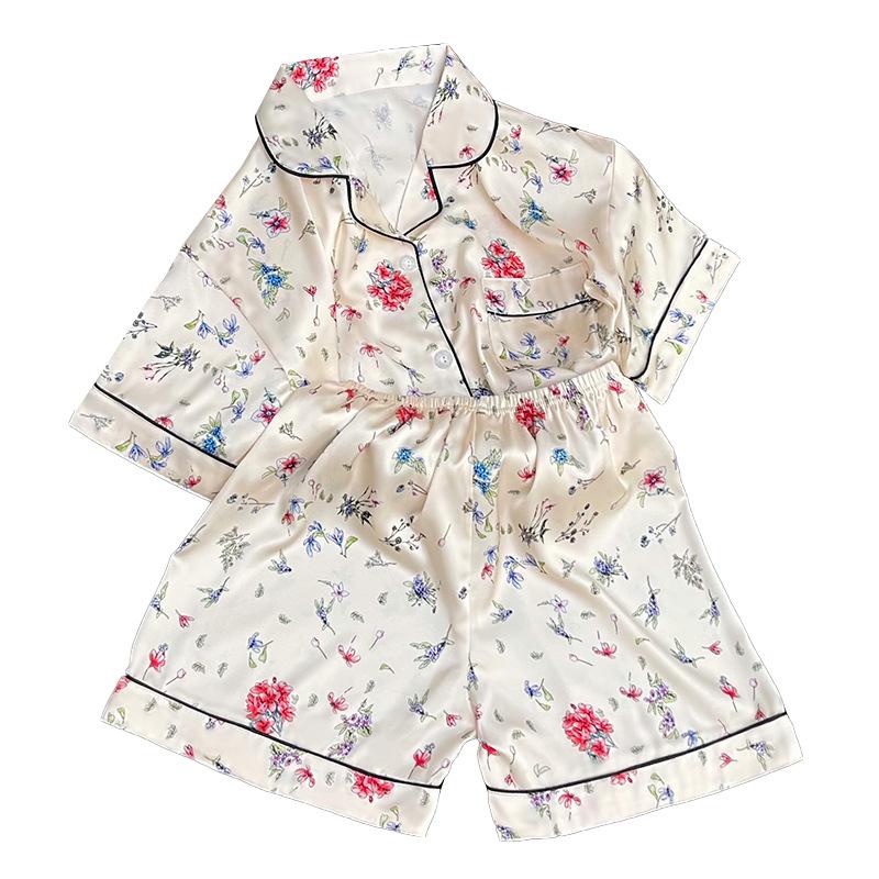 Pajamas Women'S Summer Ice Silk Short-Sleeved Shorts National Style Flower Women'S Loungewear Set