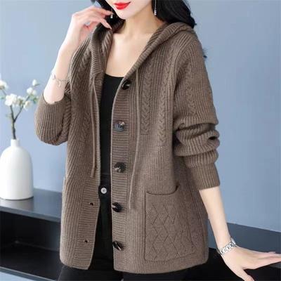 Women's Spring and Fall Short Knitted Jacket Female Middle-aged and Elderly Loose Thickened Knit Sweater Hooded Coat Blouse