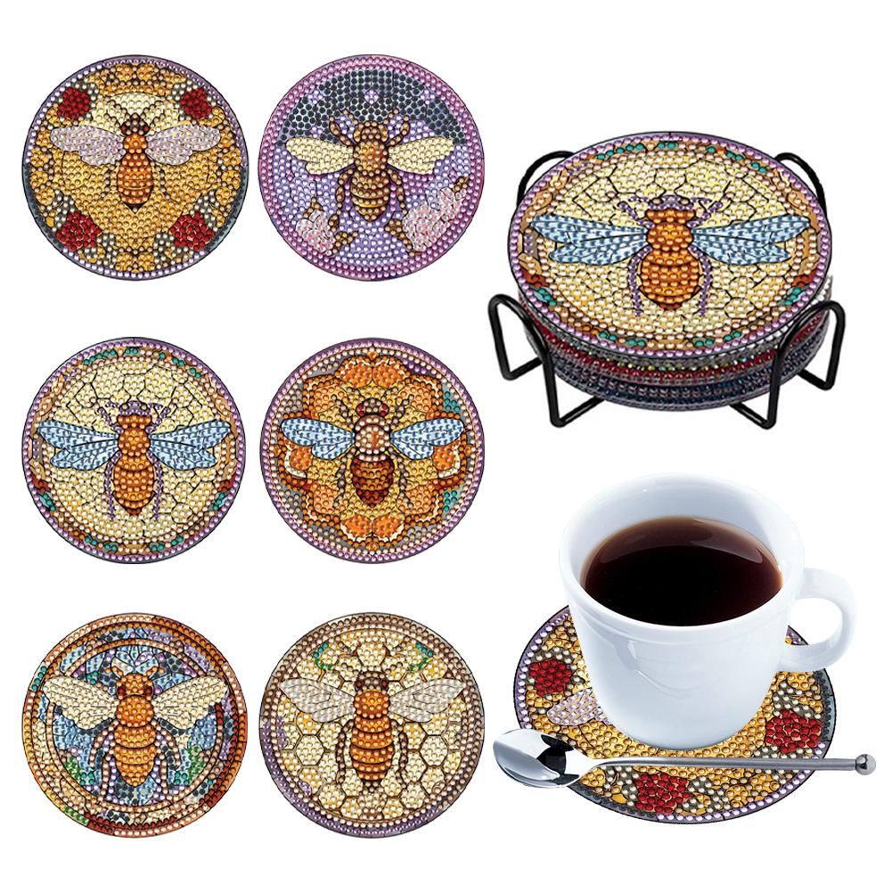Special Shape Diamond Painting Coasters Kits Sun Stain Glass 6PCS Full Drill Diamond Coaster Dolphin Stain Glass Bee Stain Glass