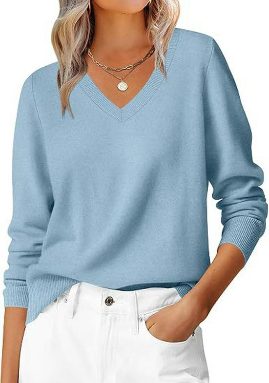 2026 European & American Autumn V-neck Loose Long Sleeve Solid Knit Women's Sweater - Commuting & Versatile