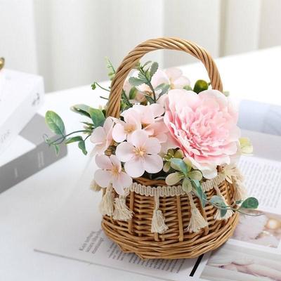 Korean Pastoral Silk Flowers In Handmade Woven Basket for Living Room or B&B Decor
