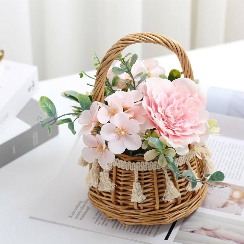 Korean Pastoral Silk Flowers In Handmade Woven Basket for Living Room or B&B Decor