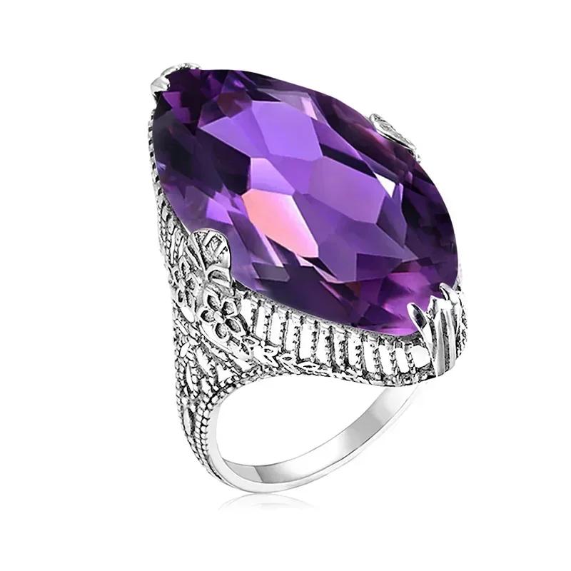 Marquise Purple Cz Finger Ring For Women Hollow Out Flower Design Aesthetic Wedding Jewelry Trendy Lady Accessories