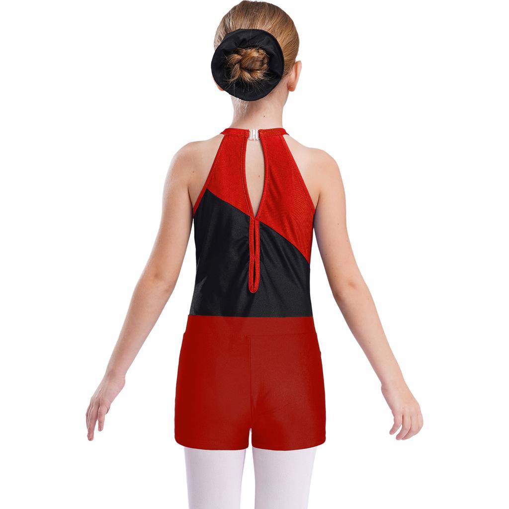 Girls Sleeveless Rhinestones Decorated Patchwork Leotard Hair Band V Front Waistband Shorts Gymnastics Training Dance Set