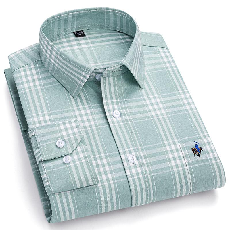 Pure Cotton Plaid Shirts for Men Logo Long Sleeve Quality Formal Business Man Shirt