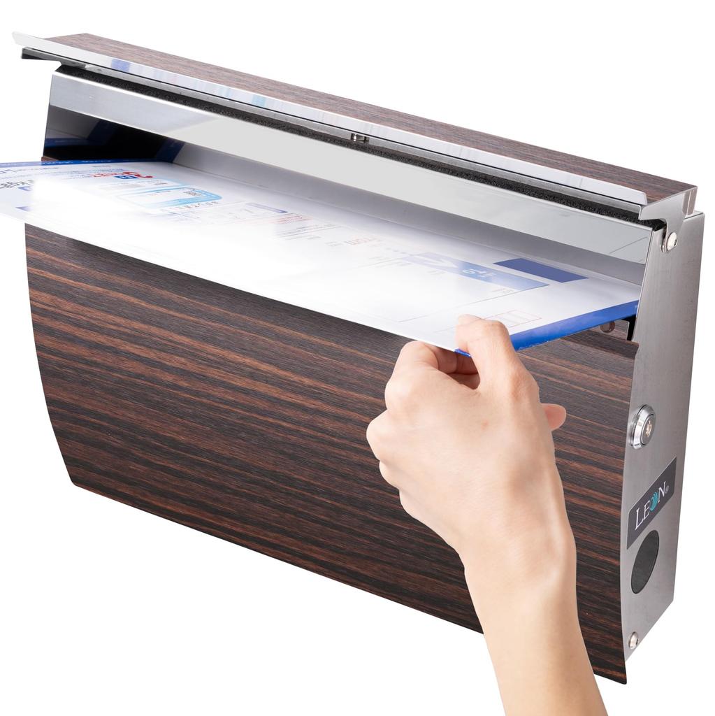 LEON MB4801L Stainless Steel Slim or Flap Retention Ebony Wood Grain Finish and Manufactured in Mailbox, Large, Design, Wall-Mounted Stand-Mountable,