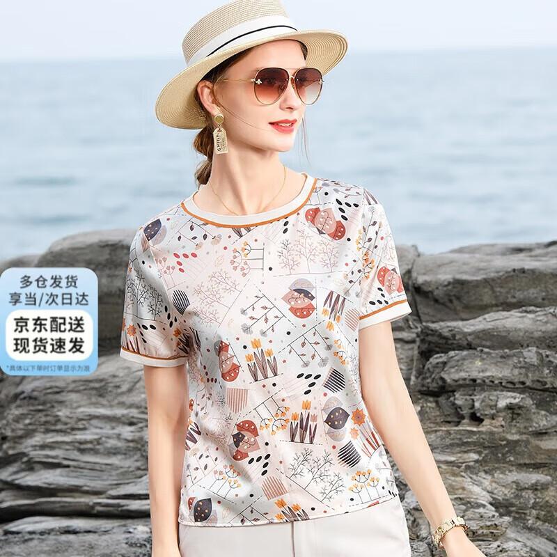 XUEXI Women s 2025 Fashion Silk Blend Short Sleeve T-Shirt L