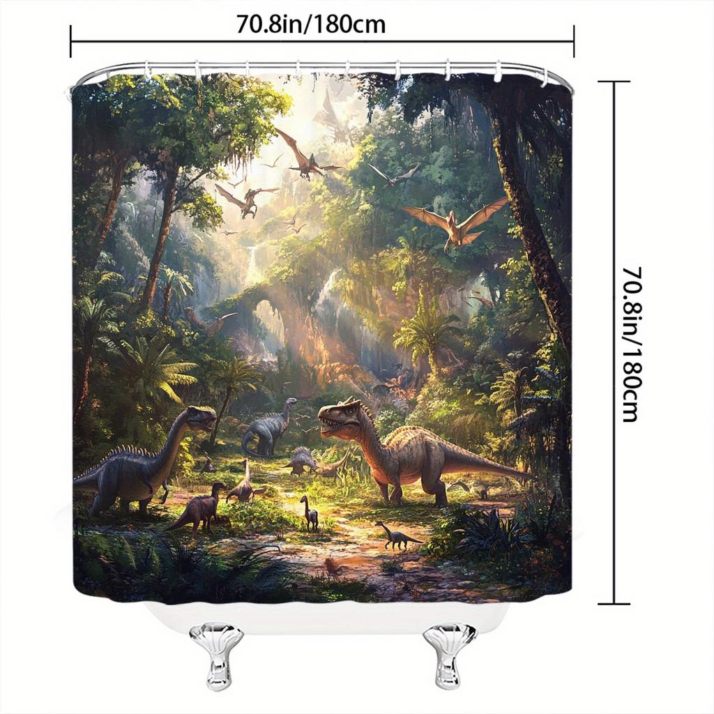 Prehistoric Jungle Dinosaur Shower Curtain - 70.8x70.8In, Polyester,  Vivid Lush Landscape with Pterosaurs, Fashion Bath Deco