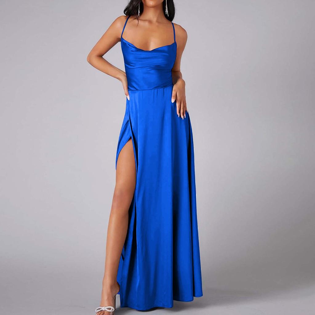 Rochie lungă din satin, fără spate, de vară, pentru femei, cu guler înalt, încrucișat, curea spaghete, rochie lungă de petrecere