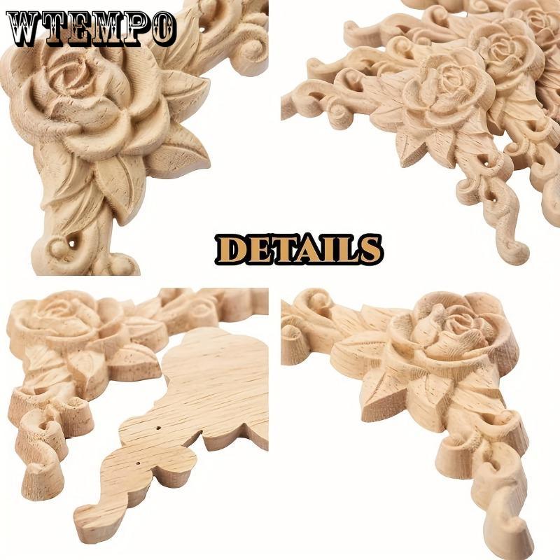 4Pcs Wood Appliques Onlays for Furniture, Handmade Carved Unpainted Corner Decoration for Home Wall Door Bed Cabinet Cupboard Retro Rose Pattern
