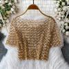 Chic Vintage Hollow Out Sequin Backless Elegant Fashion Sexy Shirt High Street T Shirt Summer Women Blouse Women