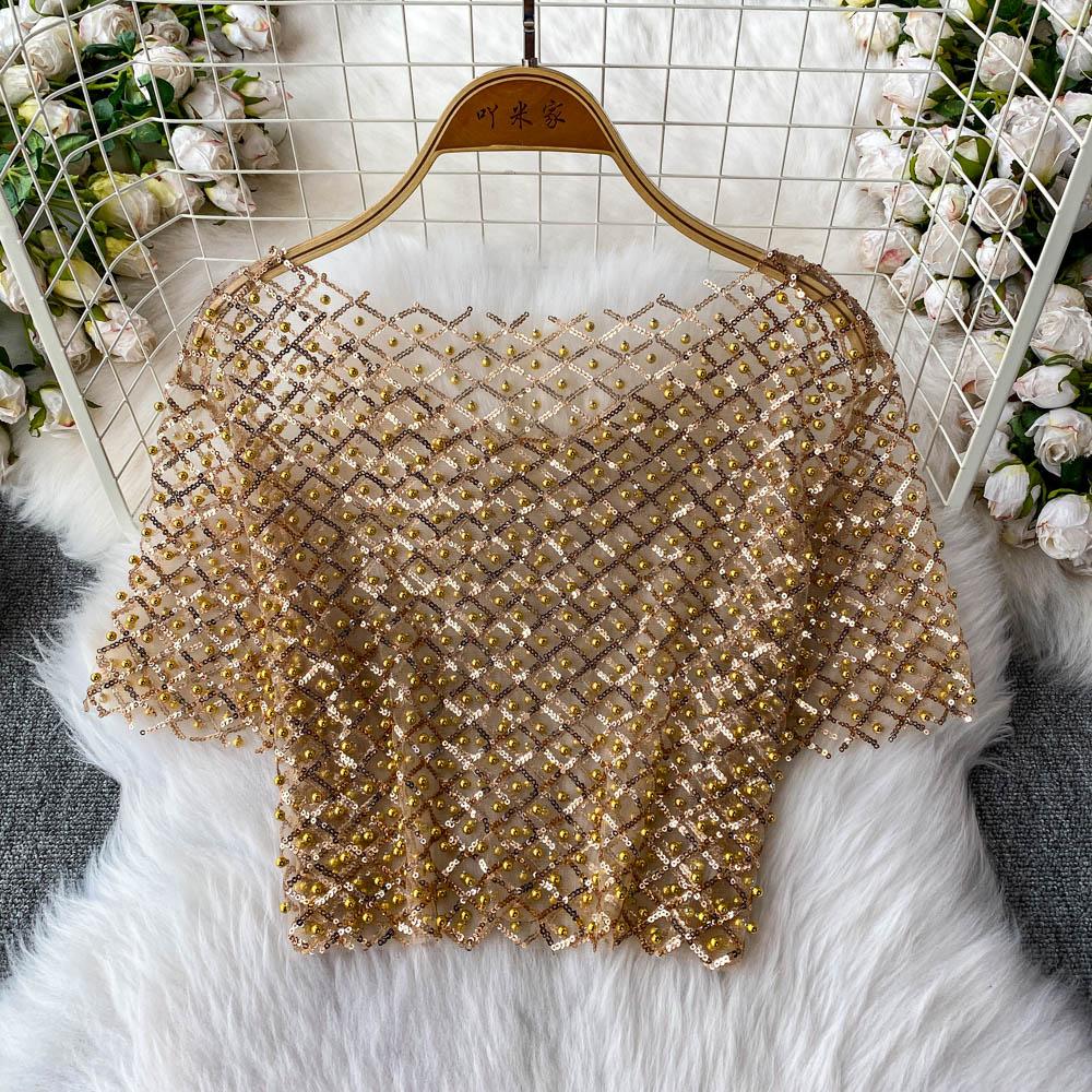 Chic Vintage Hollow Out Sequin Backless Elegant Fashion Sexy Shirt High Street T Shirt Summer Women Blouse Women