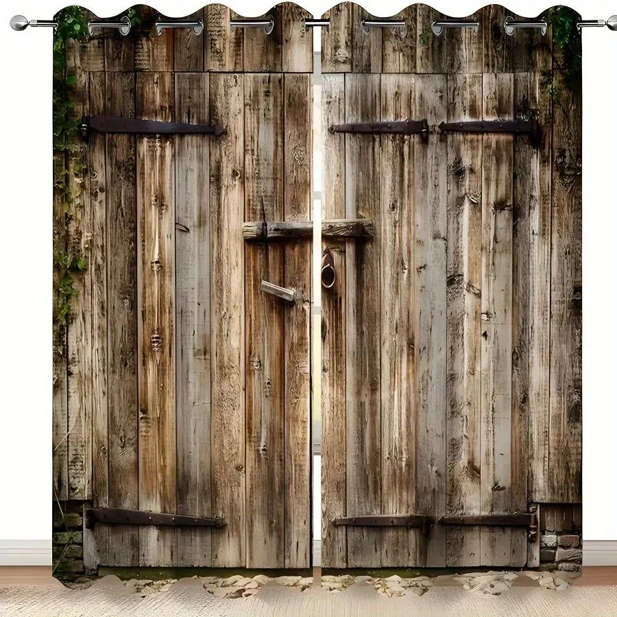 3D 2pcs Light Colour Wooden Door Printed Curtain For Home Decor Rod Pocket Window Treatment For Bedroom,Office,Kitchen,Living Ro