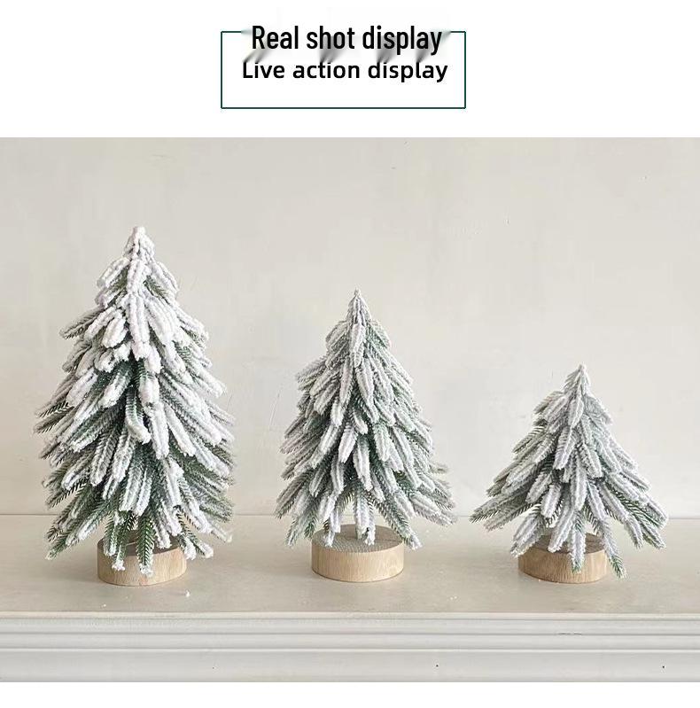 Mini Snowy Cedar Christmas Tree with Round Wood Base - Desktop Ornament
